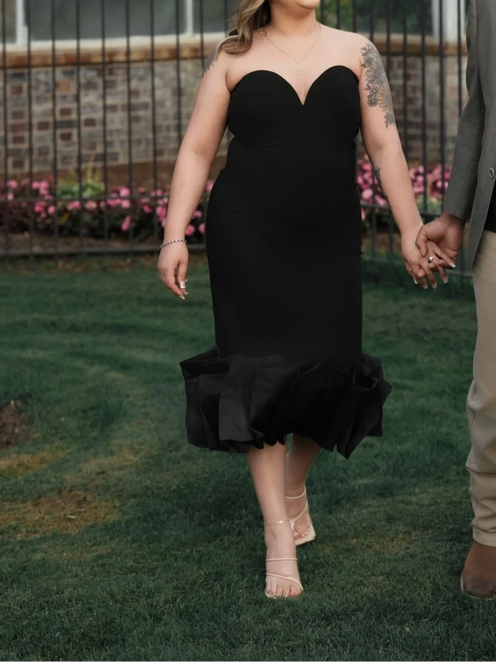 Strapless Sweetheart Black Midi Dress with Ruffle Hem - Picture 1 of 3